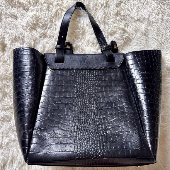 Christian Villa Crocodile Embossed Genuine Leather Black Tote Bag Made in Italy - Picture 3 of 7